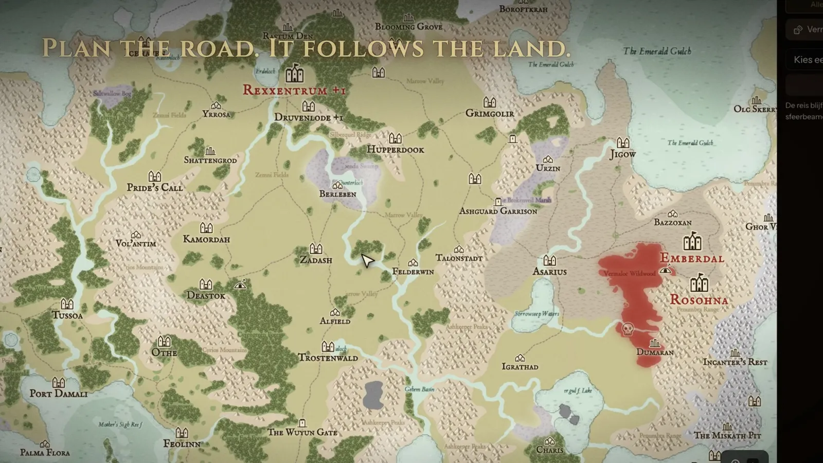 A hand-drawn world map with a planned road that follows rivers and hills toward a red-marked region.