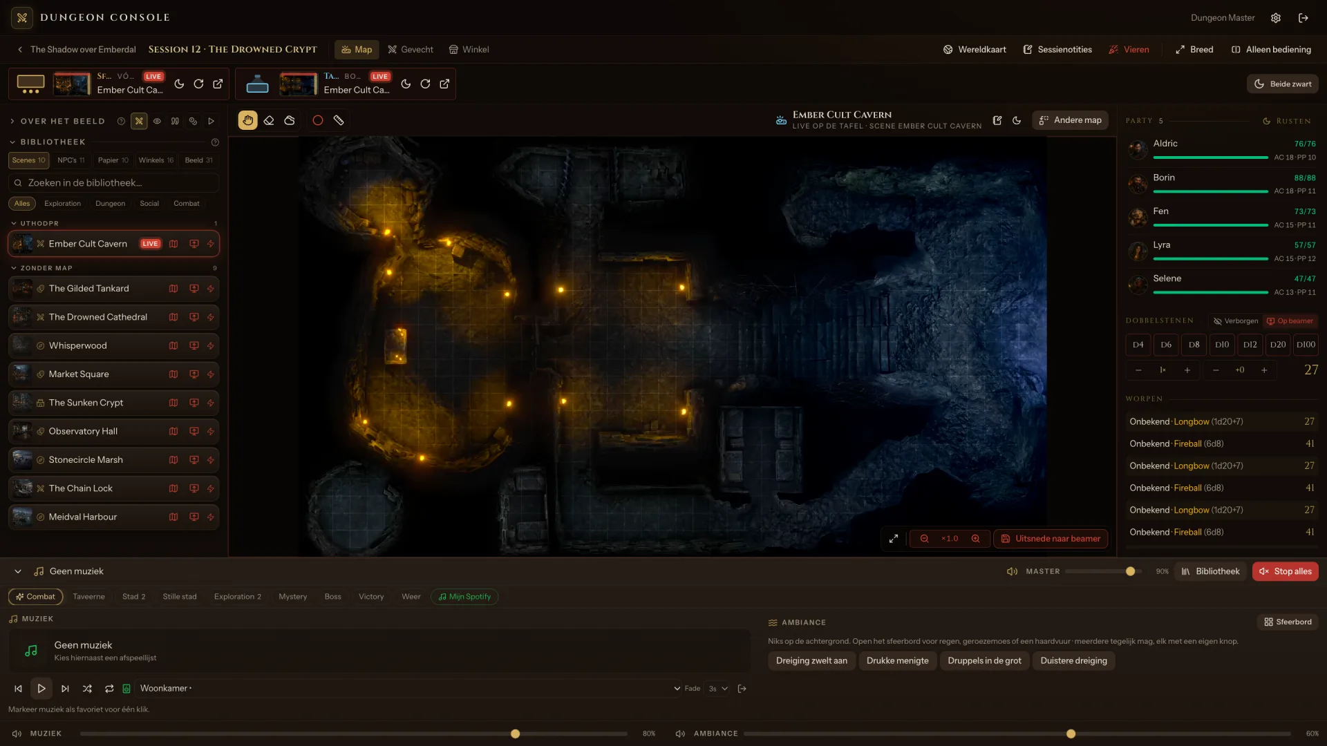 The Spellcue console with the scene library, the live battlemap, party hit points and the dice log.