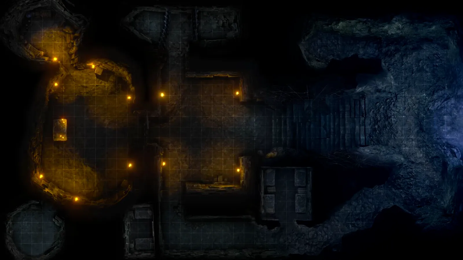 A candlelit cavern battlemap projected from above onto the table.